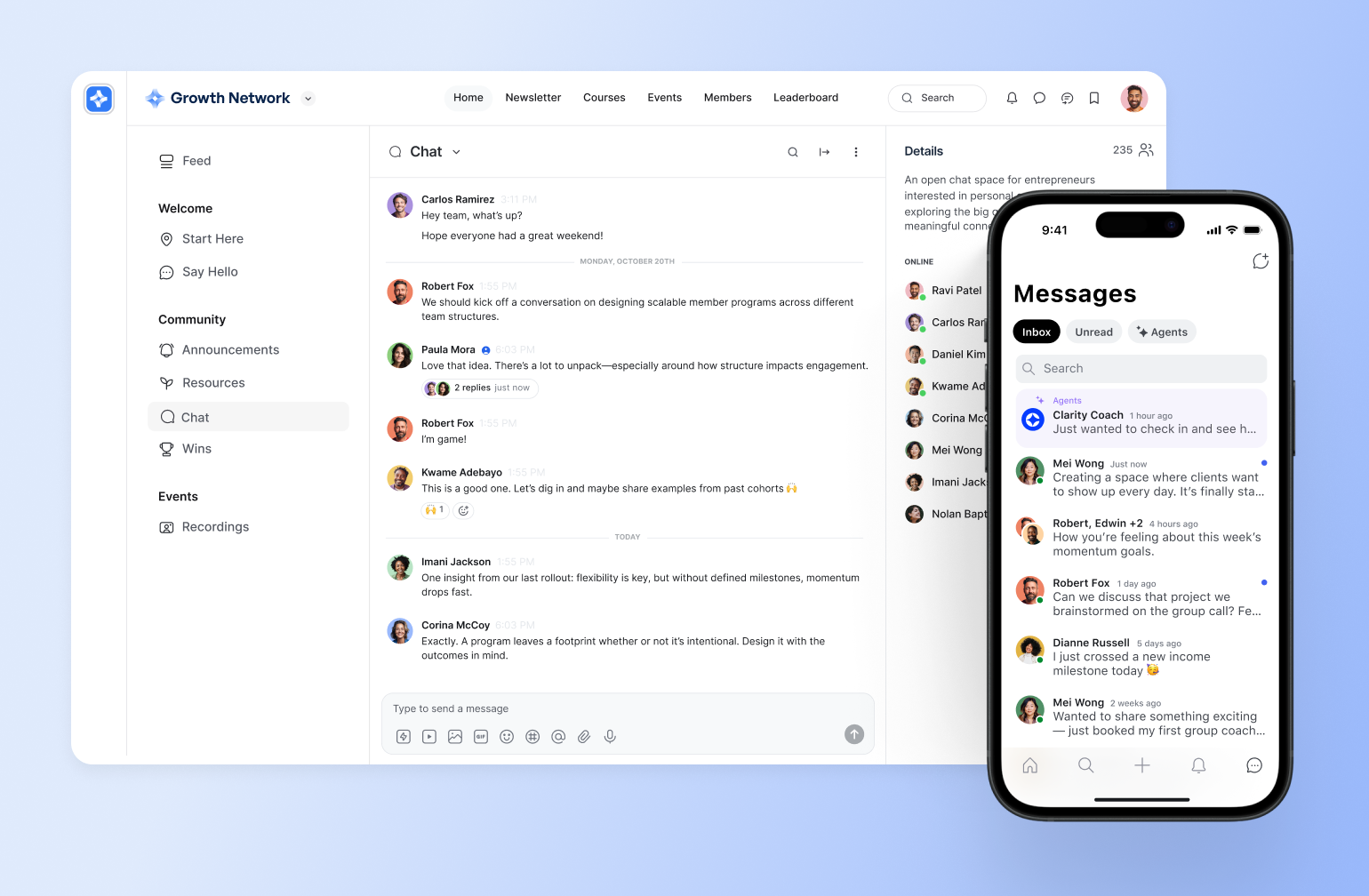 Community messaging platform interface with desktop chat feed and mobile messages screen showing member conversations and notifications