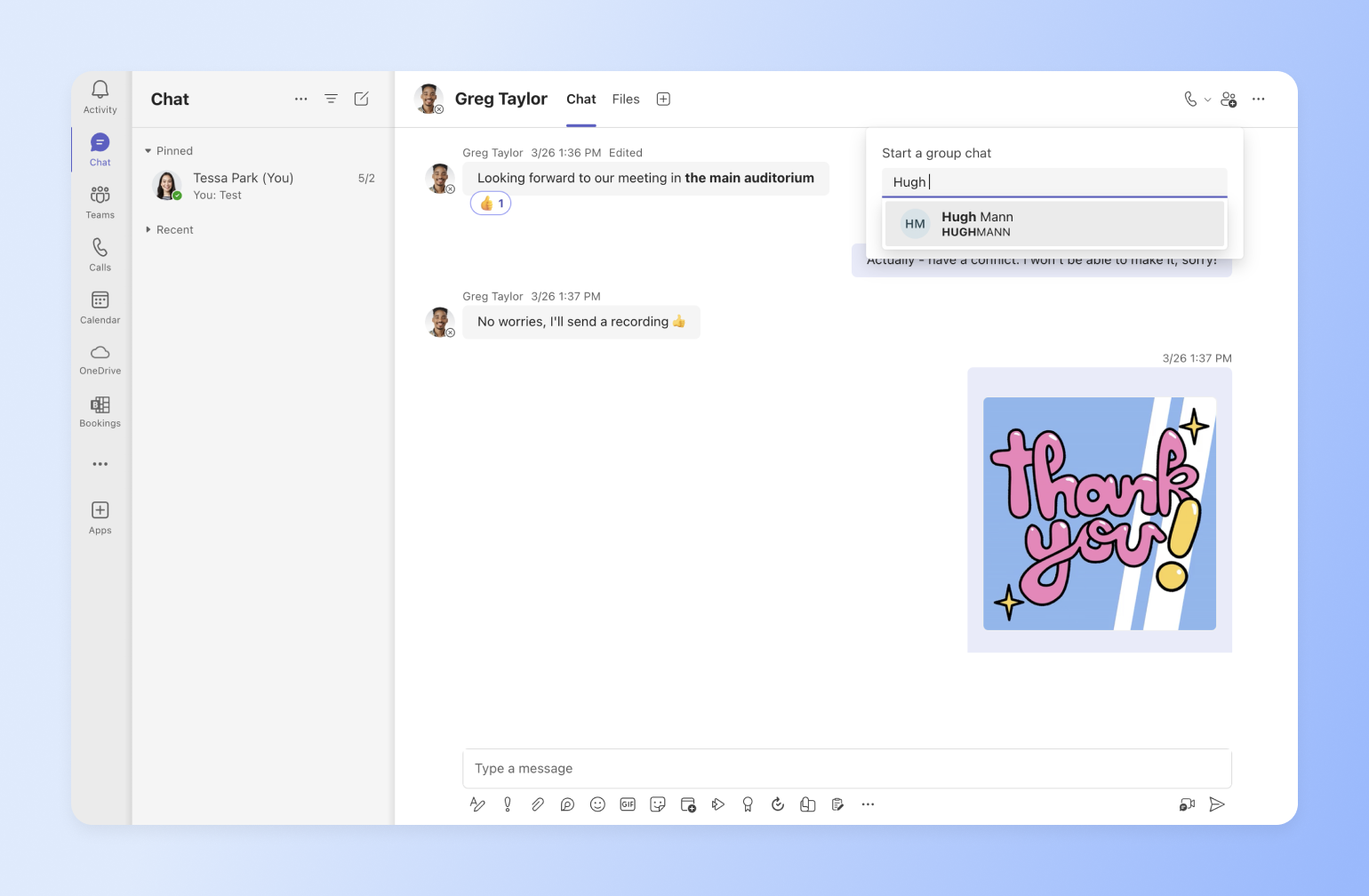 Microsoft Teams chat interface showing conversation with Greg Taylor and a colorful thank you sticker with pink text and stars