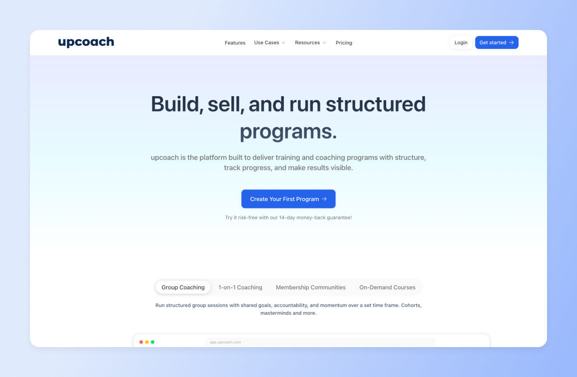 Upcoach homepage showing main headline about building and running structured training programs with navigation menu and call-to-action button