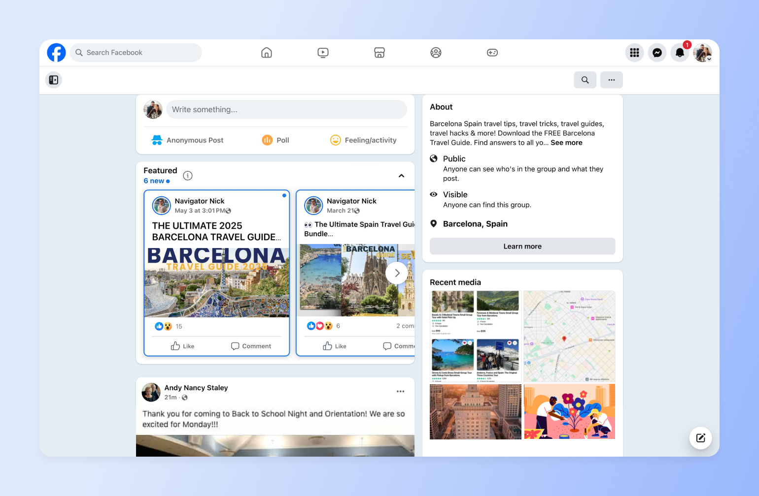 Facebook group page for Barcelona Spain travel tips featuring 2025 travel guide posts and recent media gallery