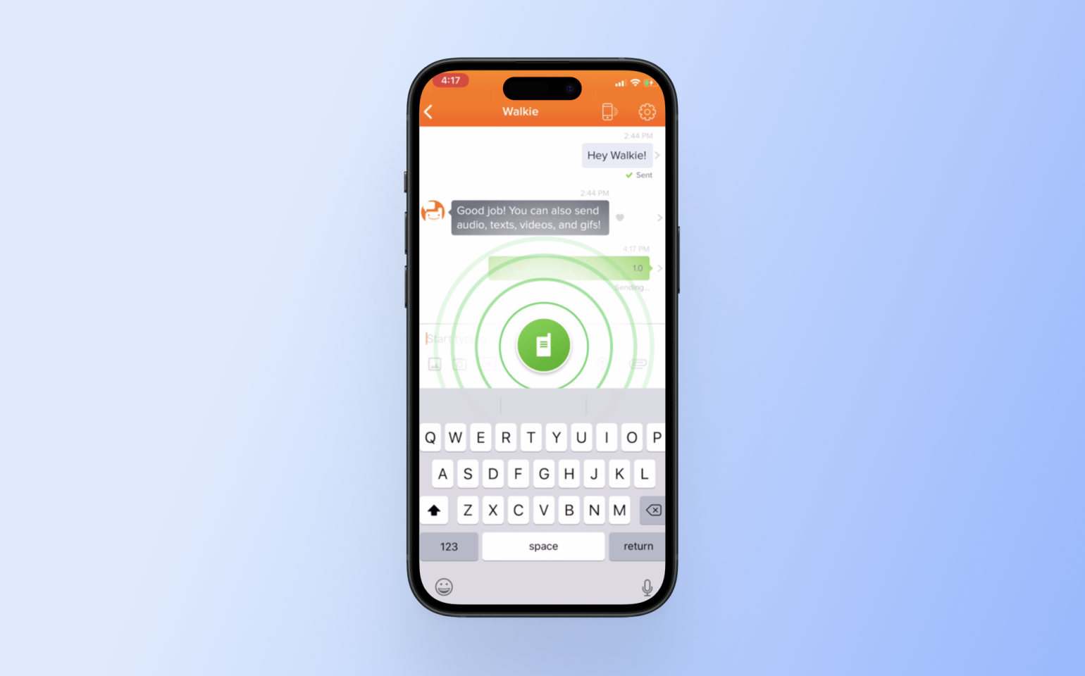Walkie-talkie chat interface showing concentric green circles with battery icon, keyboard open, and message about sending multimedia
