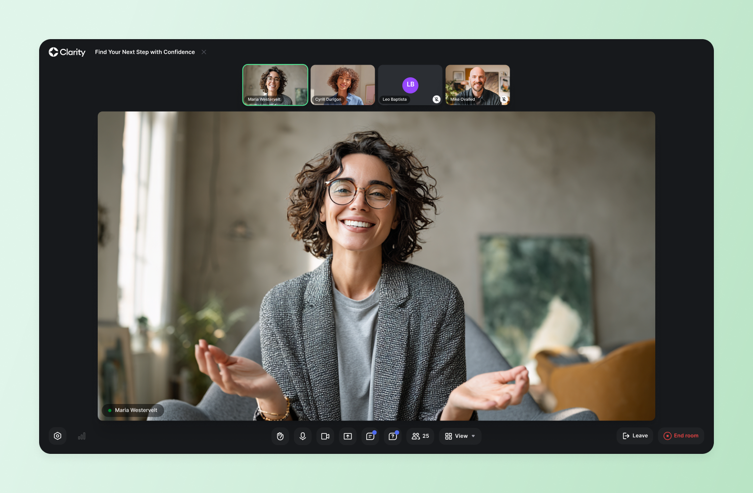 Video conference call showing woman with curly hair and glasses speaking, with participant thumbnails displayed above on the Circle live event interface.