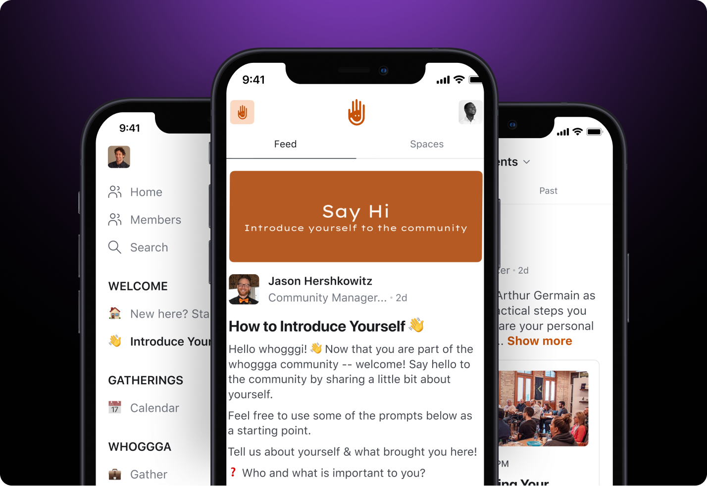 Three iPhone screens displaying Whoggga community app interface with navigation menu, feed with introduction post, and event details