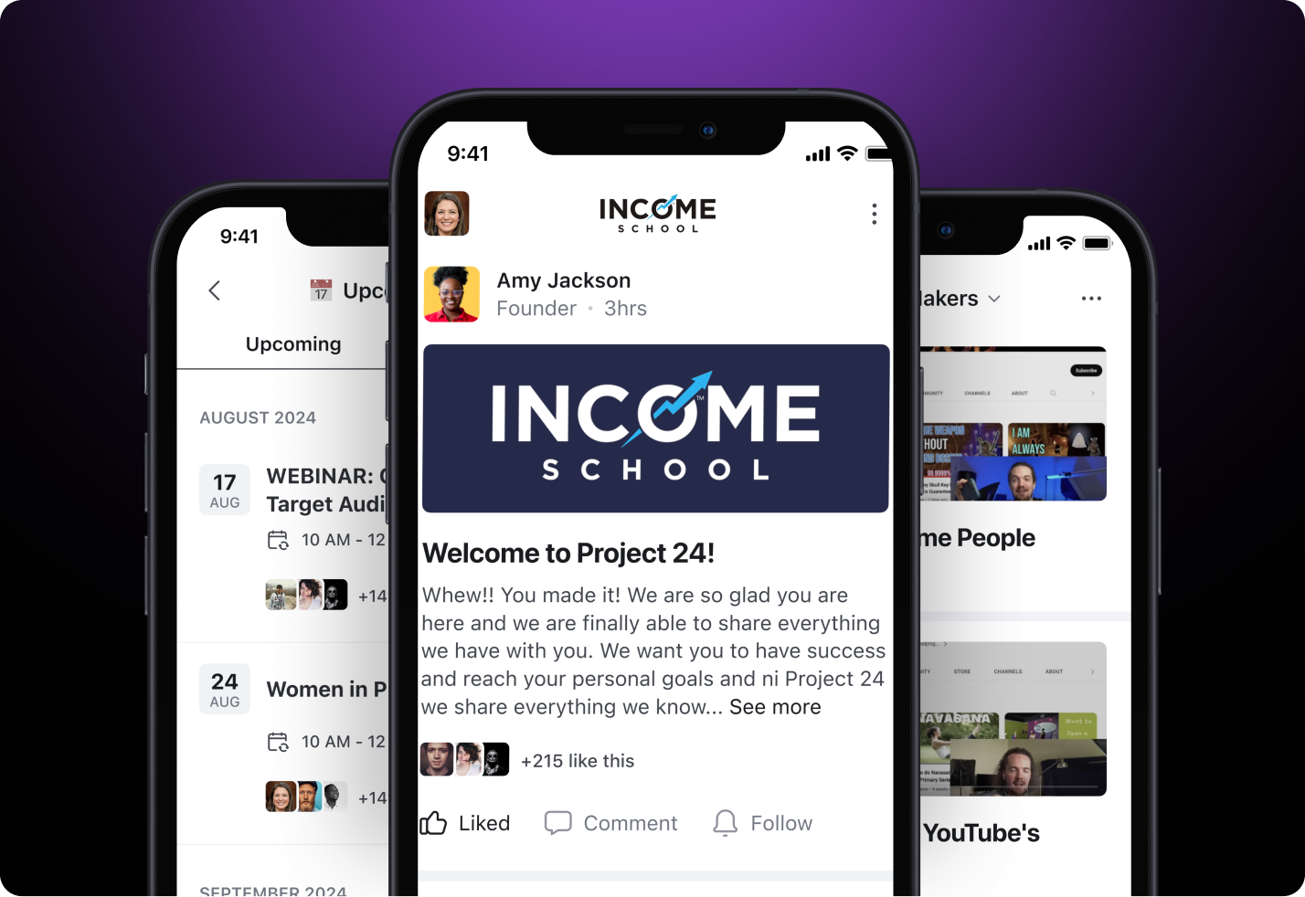 Three iPhone screens displaying Income School social media app with events calendar, welcome post from founder Amy Jackson, and community features on purple gradient background