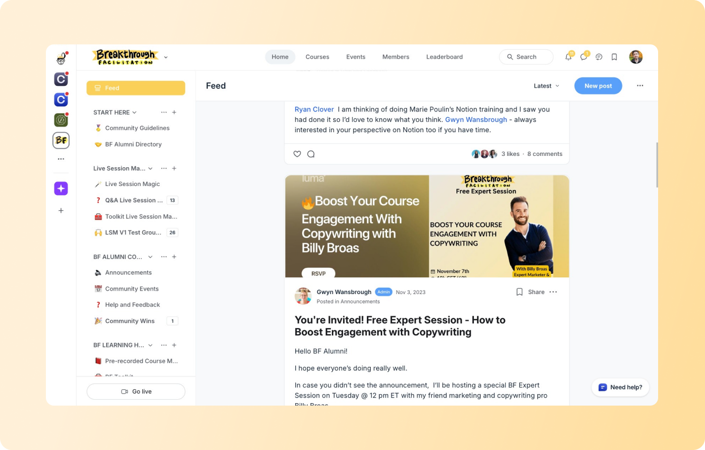 Breakthrough Facilitation community platform showing feed with announcement for free copywriting expert session hosted by Billy Broas