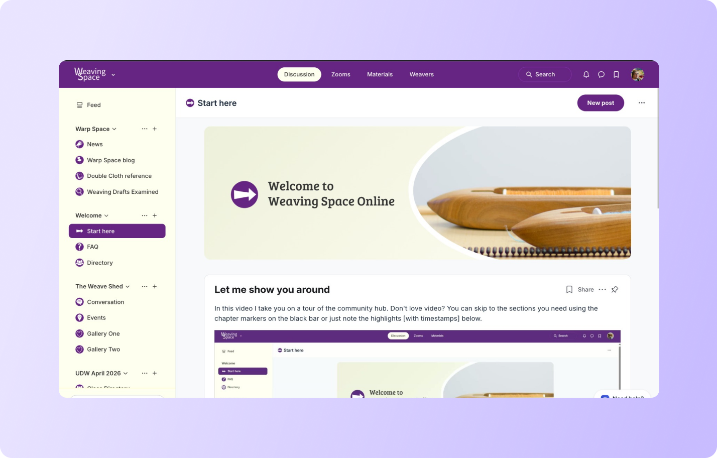 Wooden boat shuttles and weaving tools arranged on light background for Weaving Space Online welcome banner