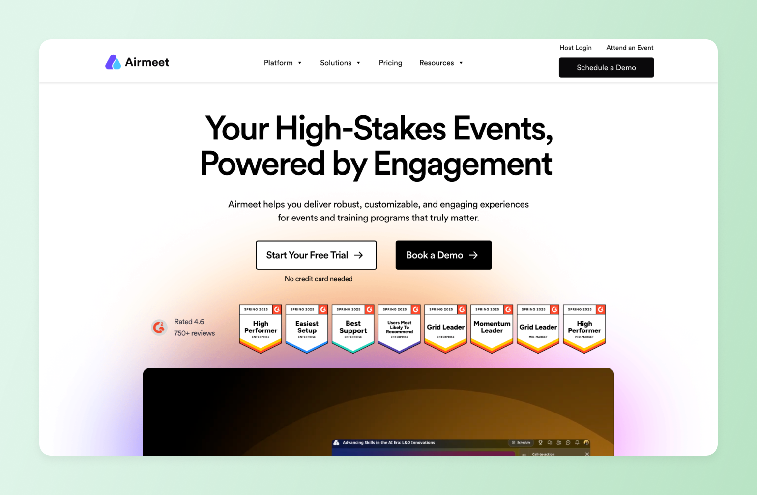 Airmeet event platform homepage featuring G2 awards including High Performer, Best Support, Grid Leader, and Momentum Leader badges