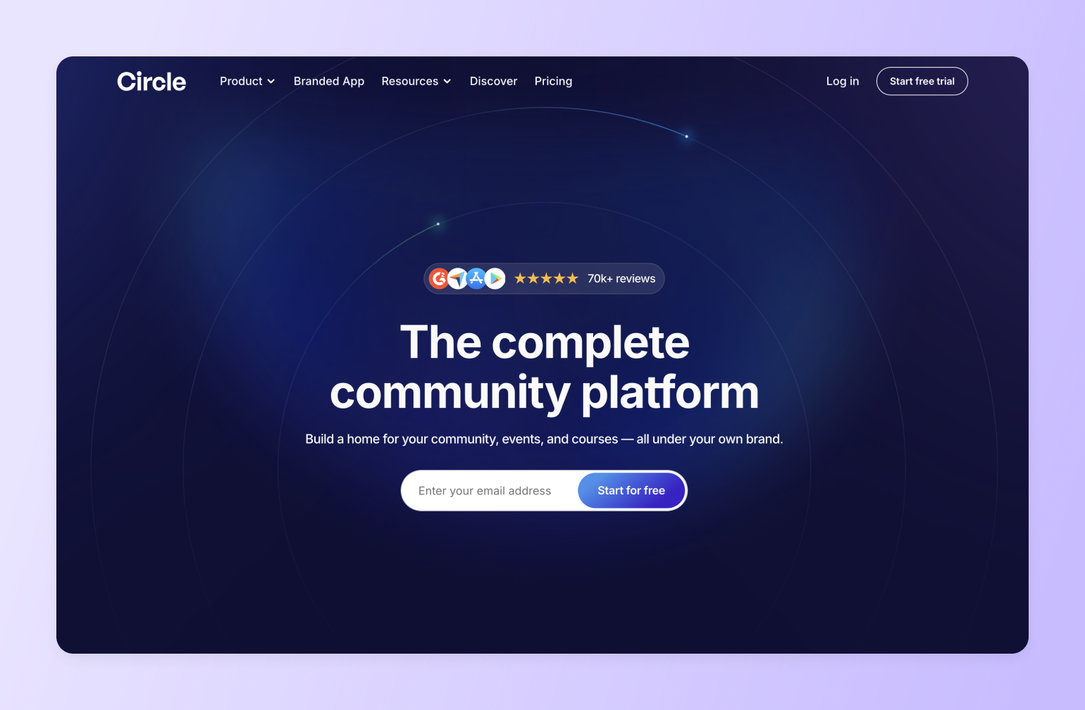 Circle community platform homepage with navy blue background, featuring five-star rating badge, headline text, and email signup form