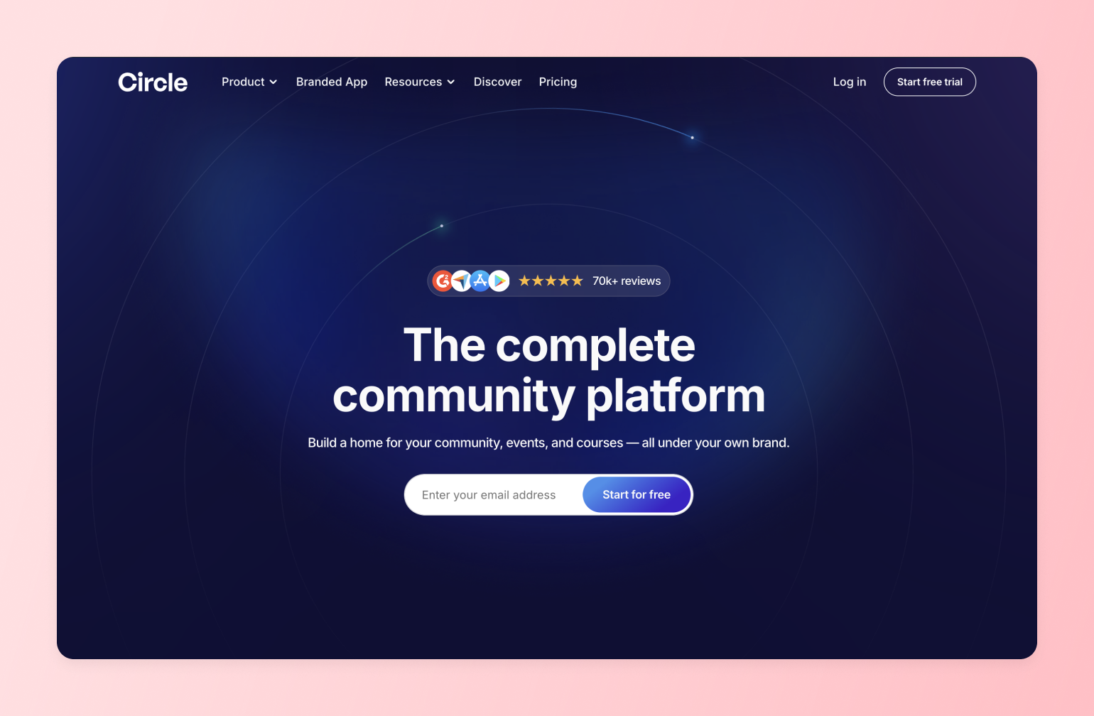Circle community platform homepage with five-star rating badge, headline text, and email signup form on dark blue background