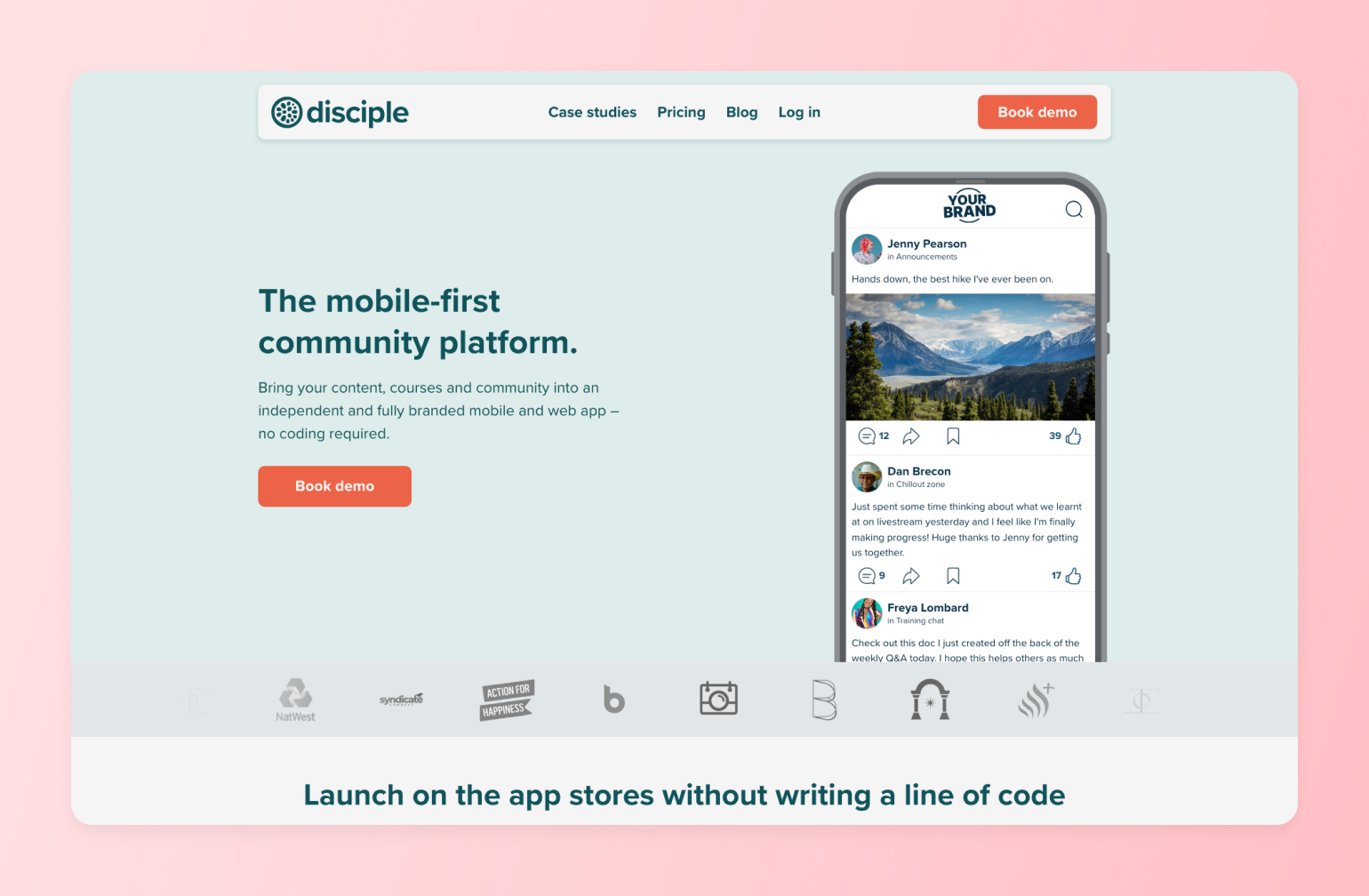 Disciple mobile community platform interface showing social feed with mountain landscape post and user comments on branded app