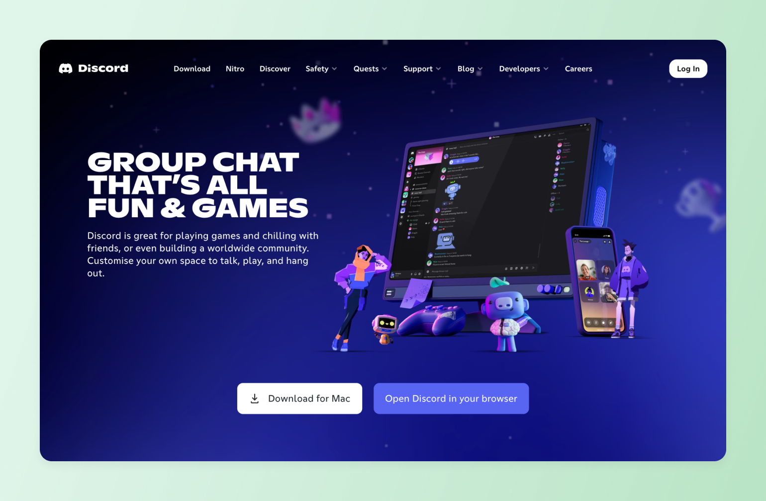 Discord homepage featuring desktop and mobile app interfaces with illustrated characters and heading "Group Chat That's All Fun & Games
