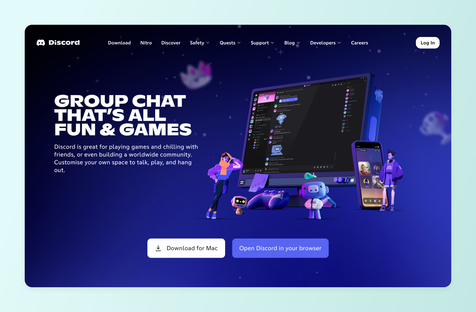 Discord homepage featuring desktop and mobile app interfaces with illustrated characters and "Group Chat That's All Fun & Games" headline
