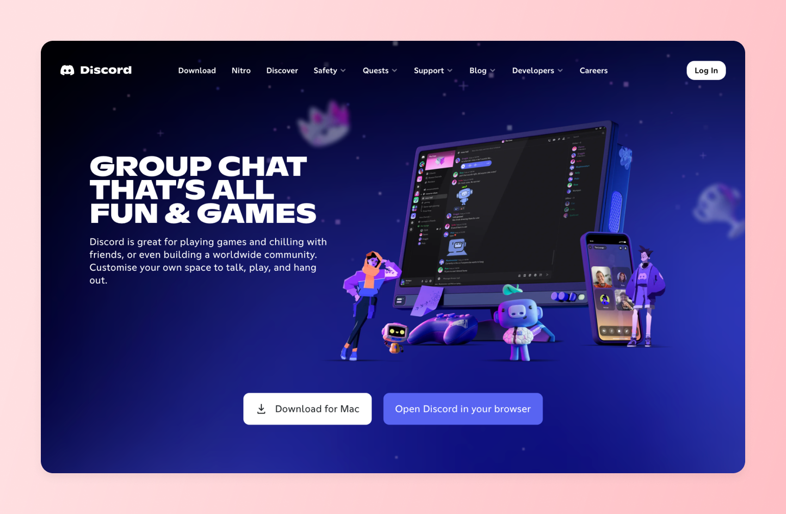 Discord homepage showing desktop and mobile app interfaces with 3D characters, promoting group chat for gaming and community building