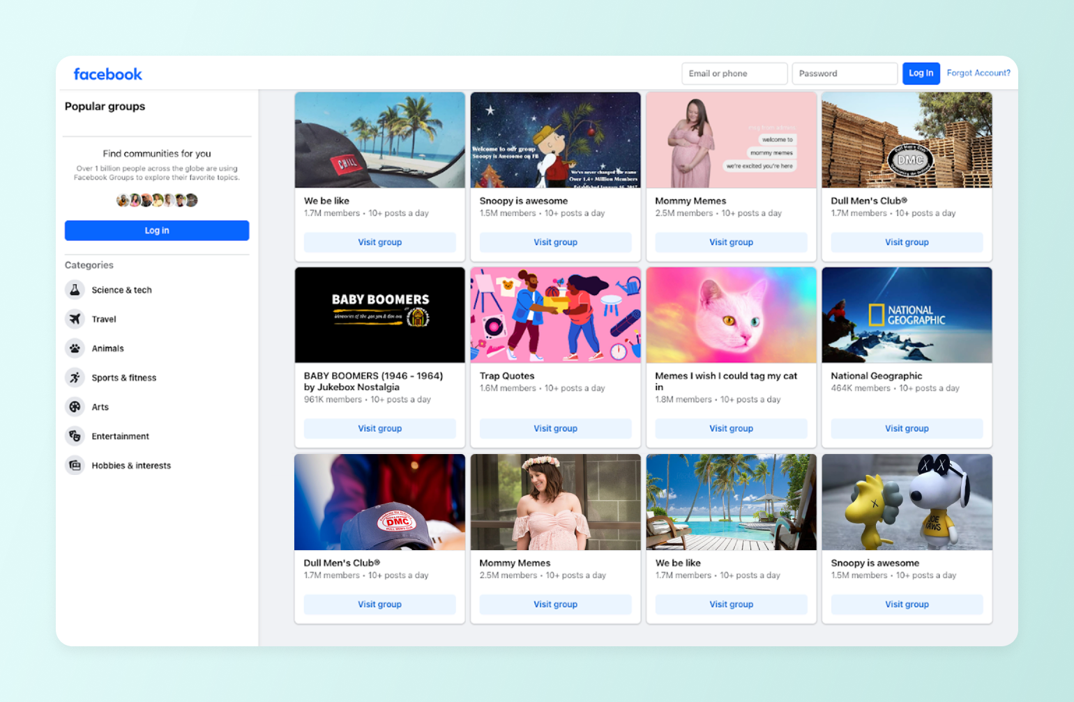 Facebook Groups discovery page showing popular communities including Snoopy, Baby Boomers, Mommy Memes, and National Geographic with category filters on the left sidebar