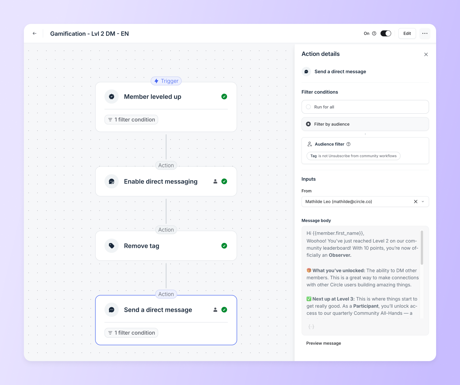 Gamification workflow showing automated direct messaging triggered when member reaches Level 2 with 10 points on community leaderboard