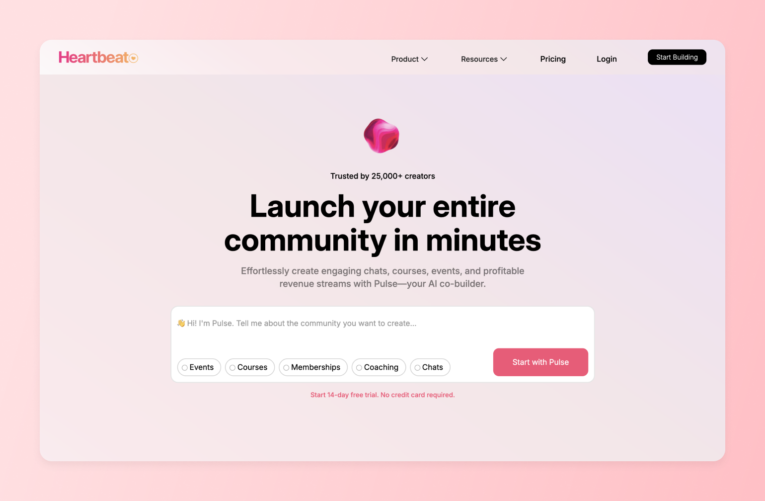 Heartbeat community platform homepage with pink gradient background and AI chatbot interface for creating online communities