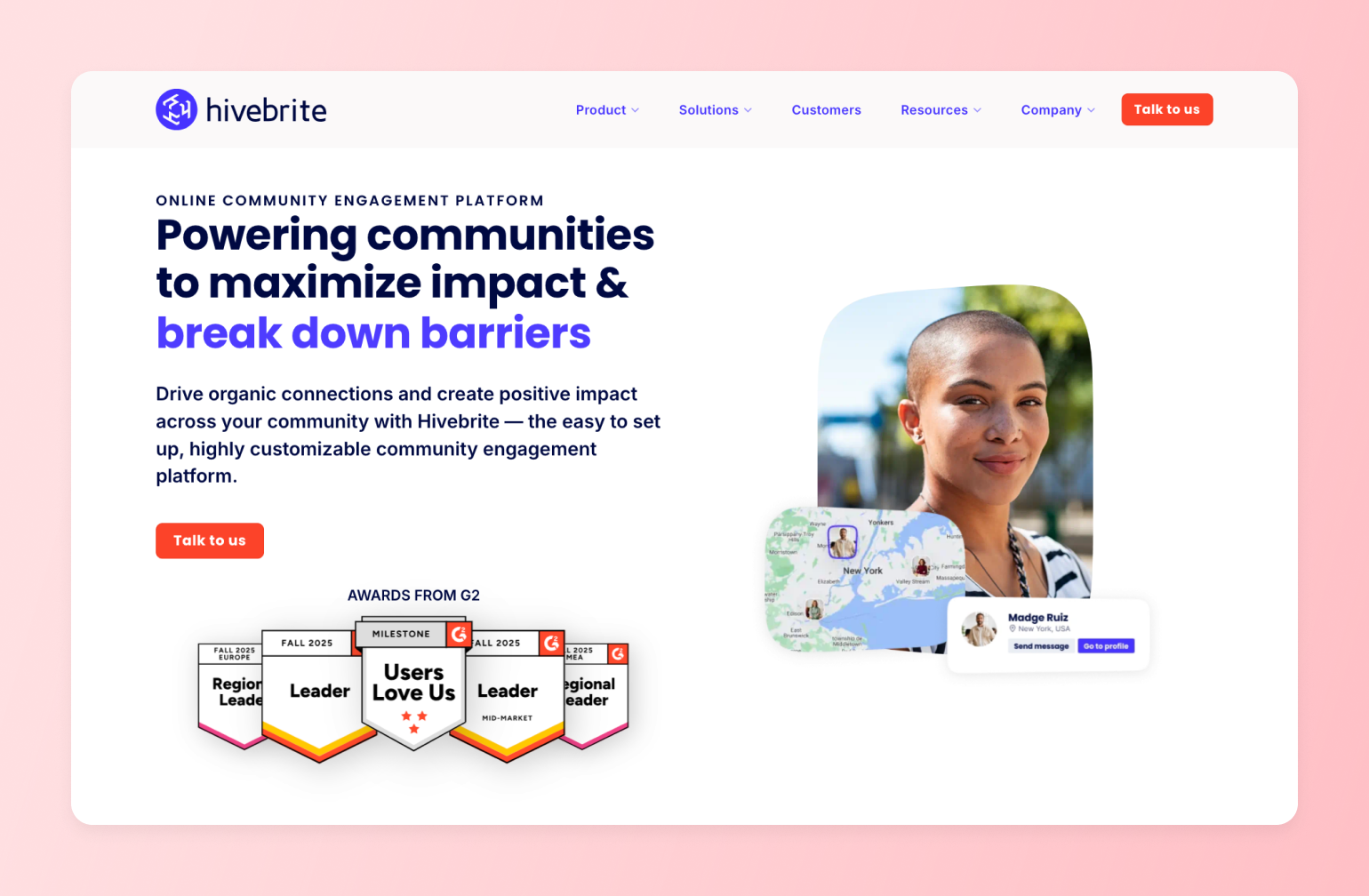 Hivebrite community engagement platform homepage with G2 awards badges and community member profiles on interactive map interface