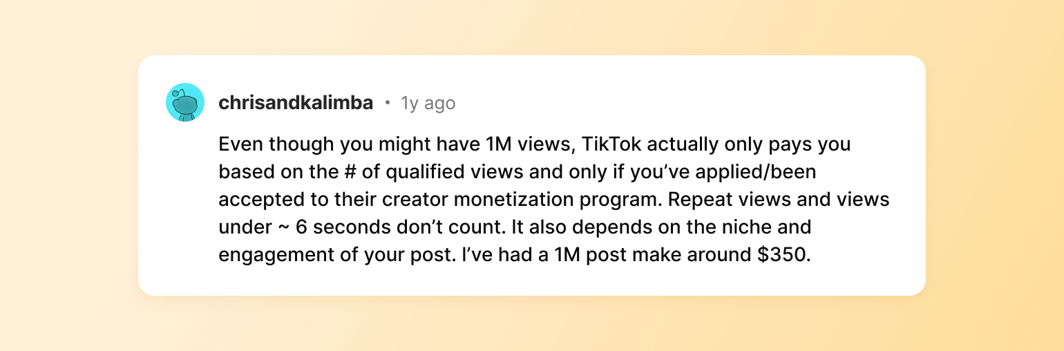 Social media post by chrisandkalimba explaining TikTok monetization based on qualified views, engagement, and niche factors