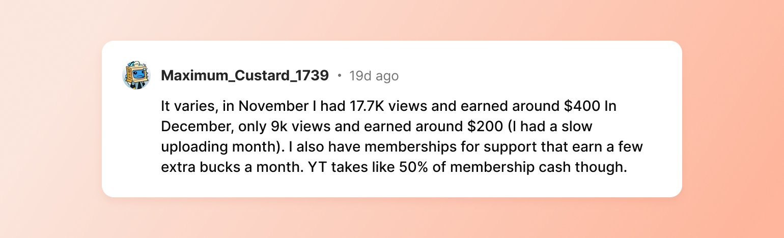 Social media comment by Maximum\_Custard\_1739 discussing YouTube earnings varying from $400 for 17.7K views to $200 for 9K views