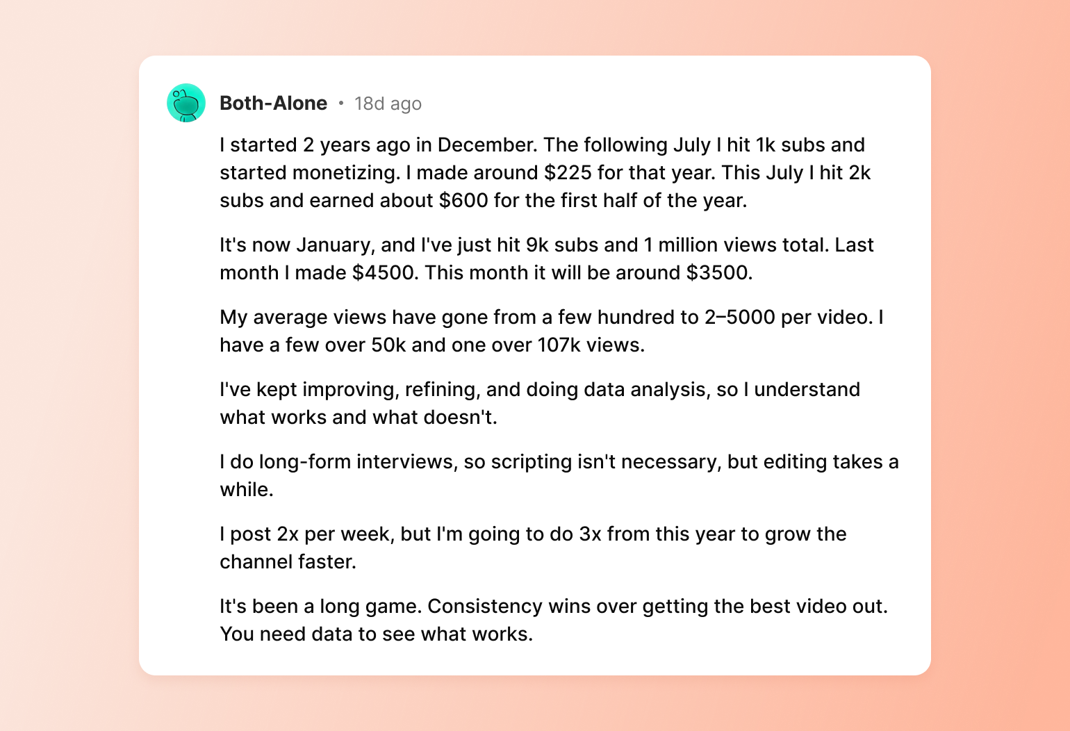 Social media post from Both-Alone sharing YouTube channel growth from 1k to 9k subscribers and monthly earnings increasing from $225 to $4500