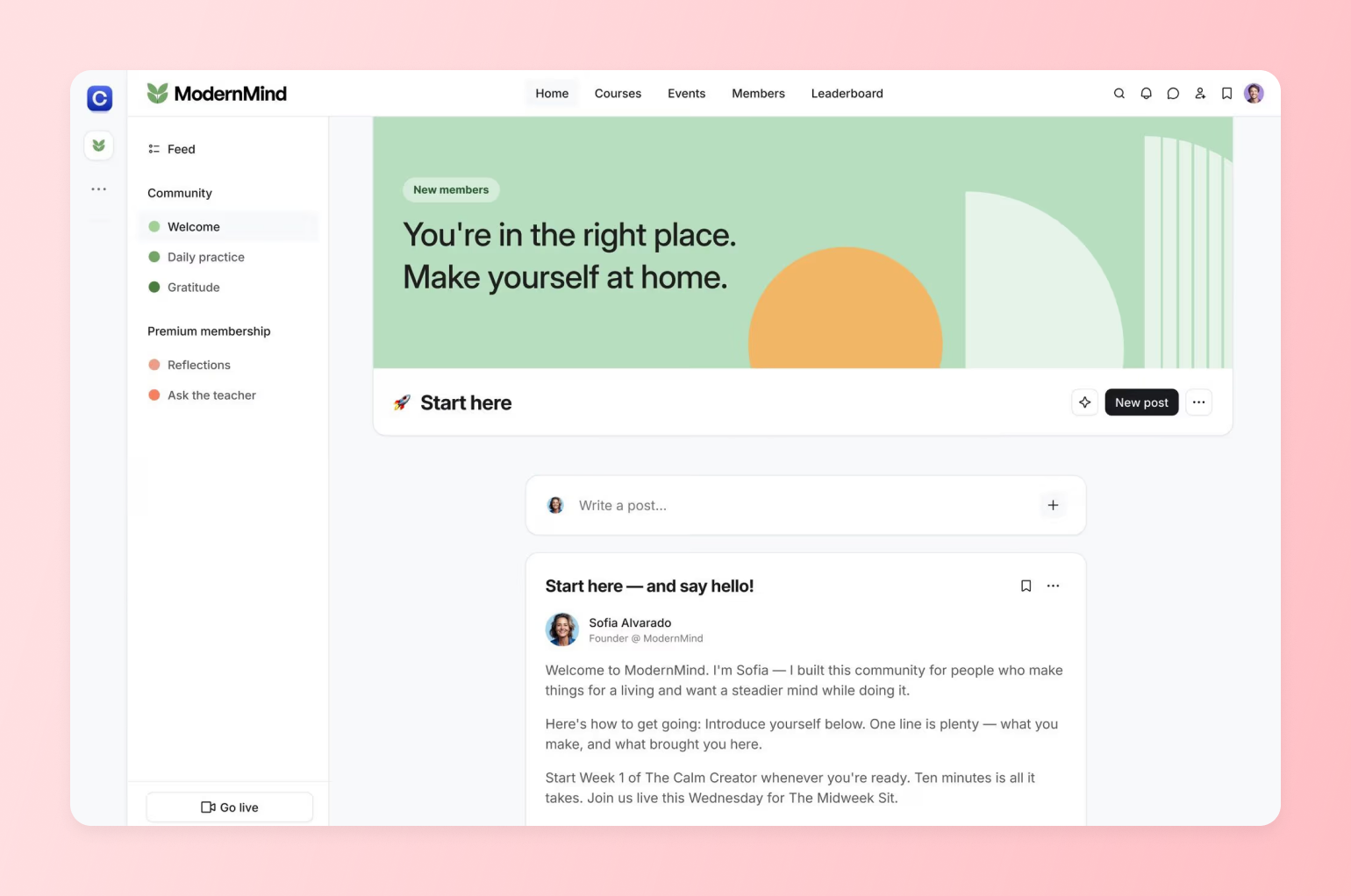 Circle community platform homepage showing a Facebook Group alternative built for creator-owned spaces