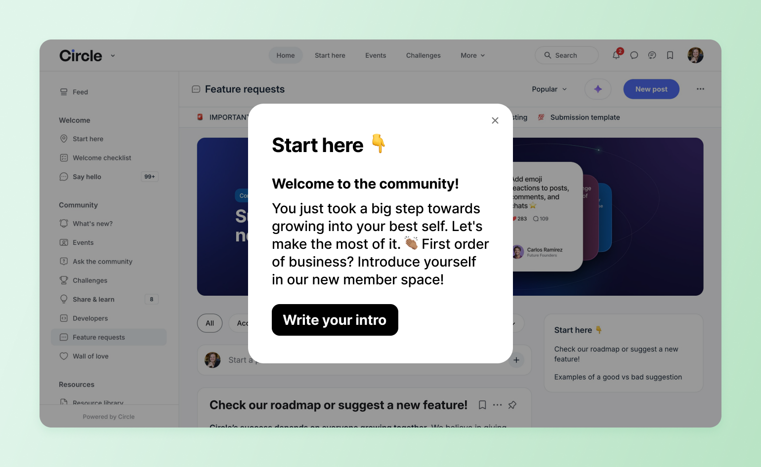 Welcome modal dialog encouraging new community members to write an introduction and take their first step toward growth