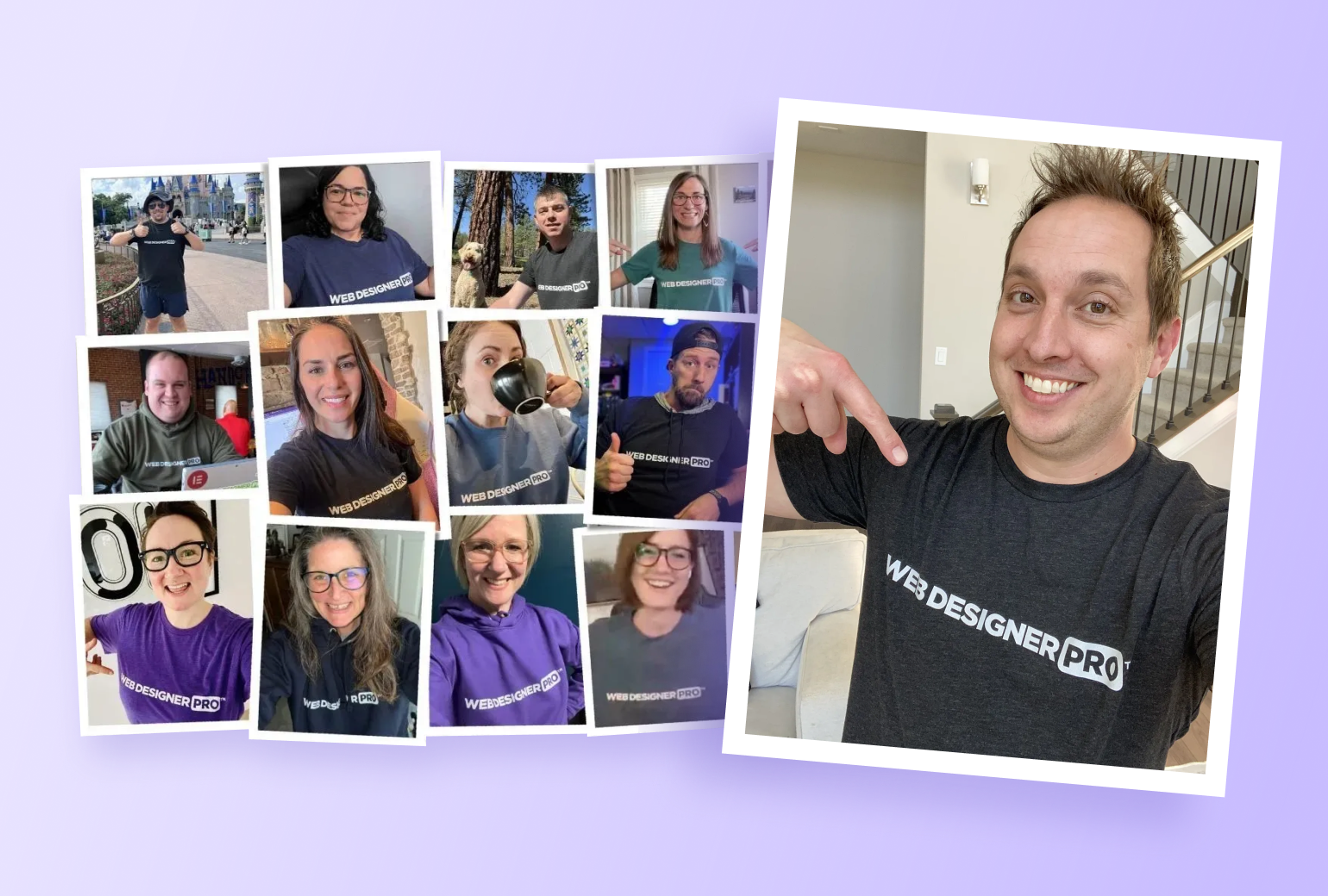 Collage of remote team members wearing Web Designer Pro shirts, showing community pride as one membership retention strategy