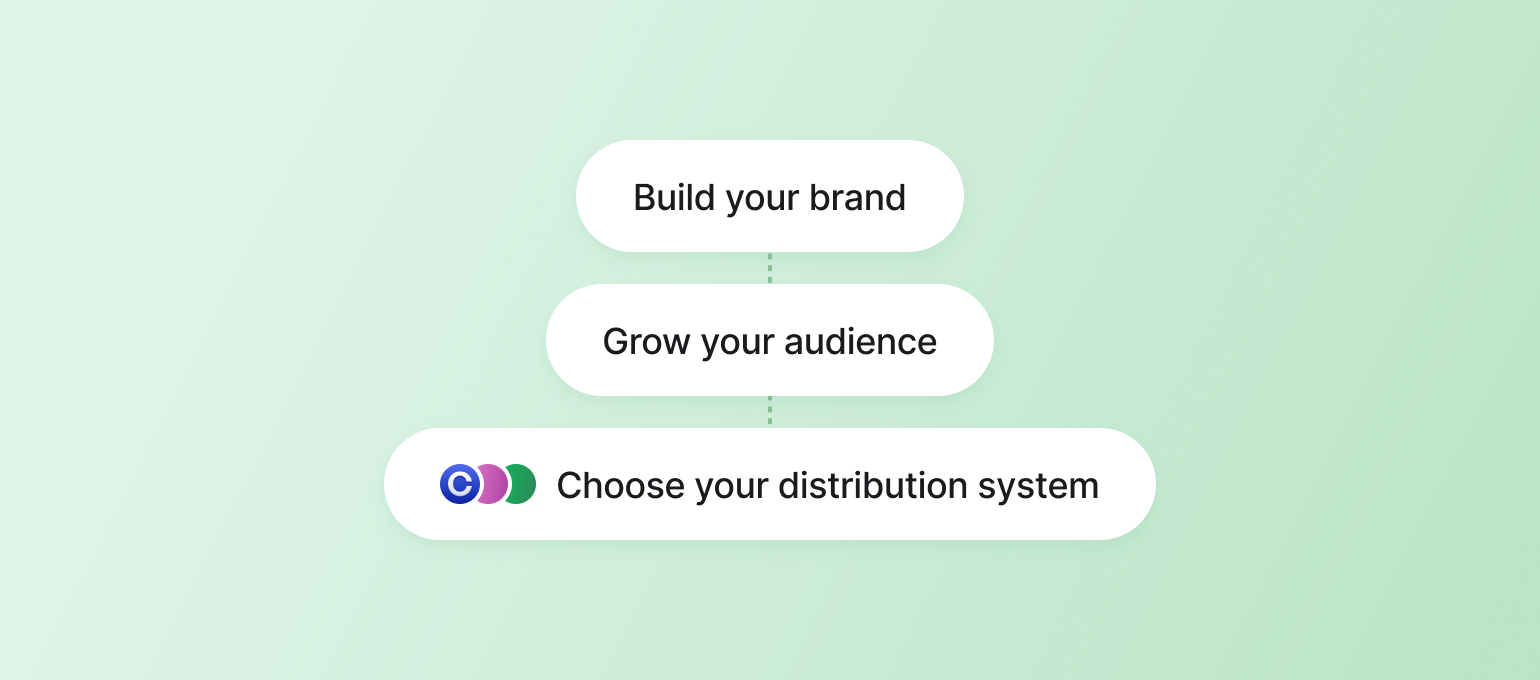 Three-step process flowchart showing Build your brand, Grow your audience, Choose your distribution system with colorful icons