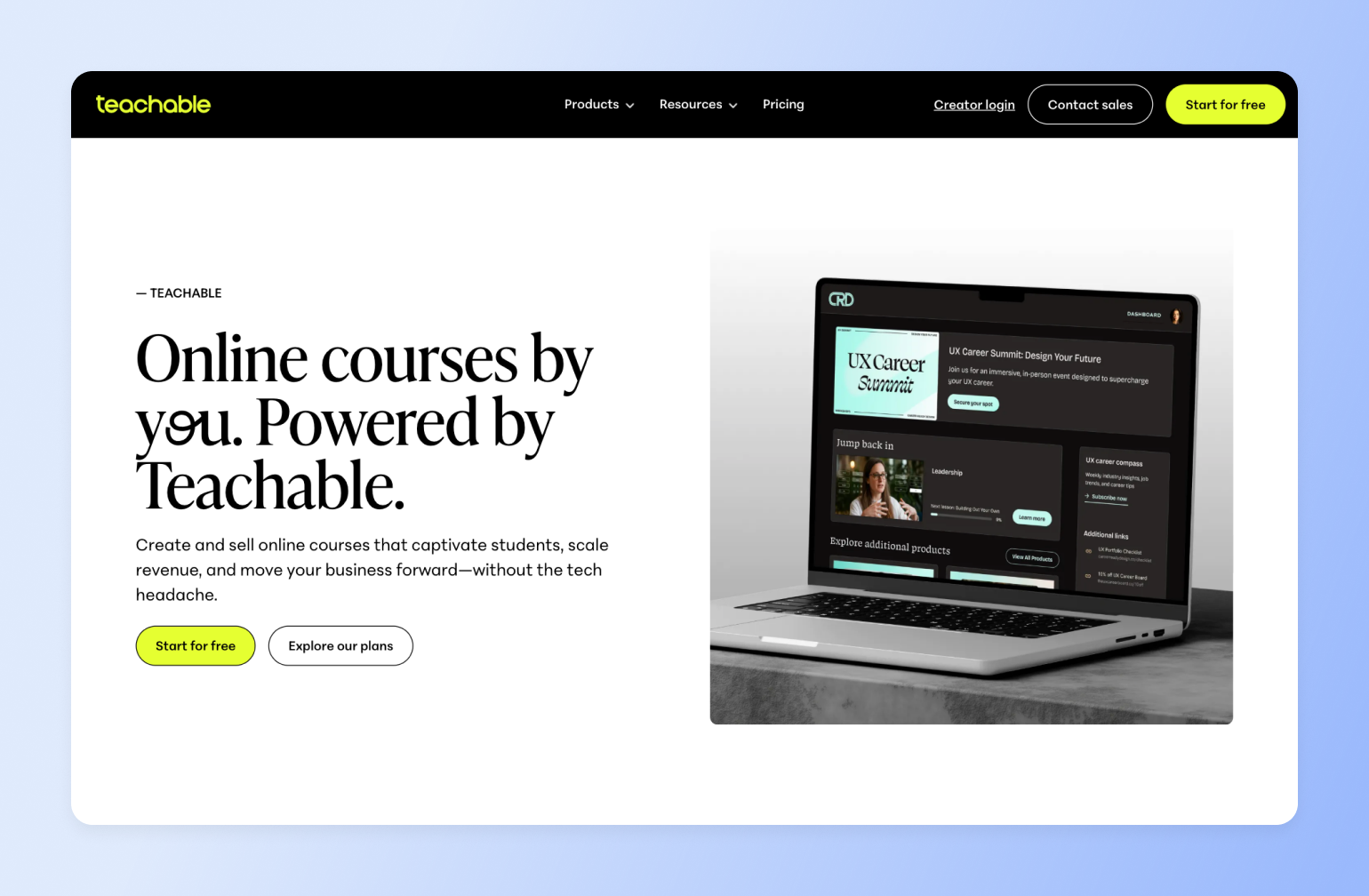 Laptop displaying Teachable platform dashboard with UX Career Summit course and video content sections