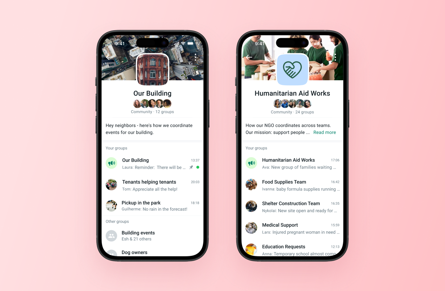 Two phone screens showing community apps for a building and an aid nonprofit, comparing alternatives for organizing subgroups