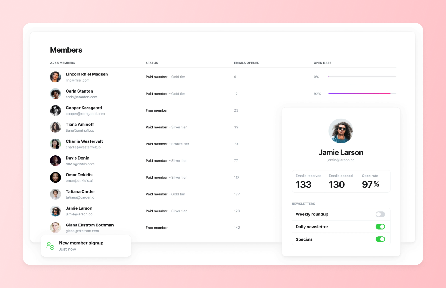 Members list with tiers and email open rates, plus a profile view of individual newsletter engagement