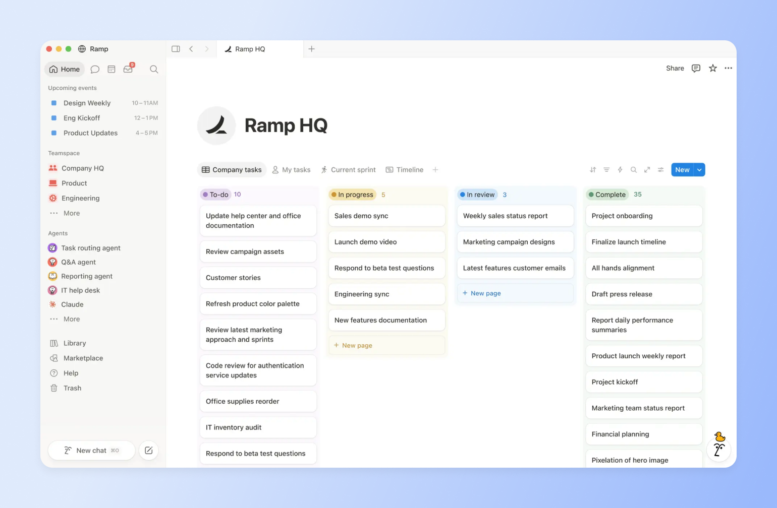 Ramp HQ task board organized into To-do, In progress, In review and Complete columns, showing how a creator tech stack tracks launch work.