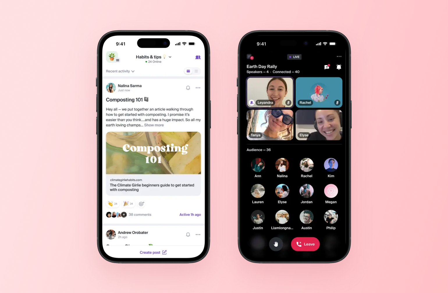 Two phone screens compare a community feed post on composting with a live Earth Day Rally call, showing Facebook Group alternatives with feed and video features