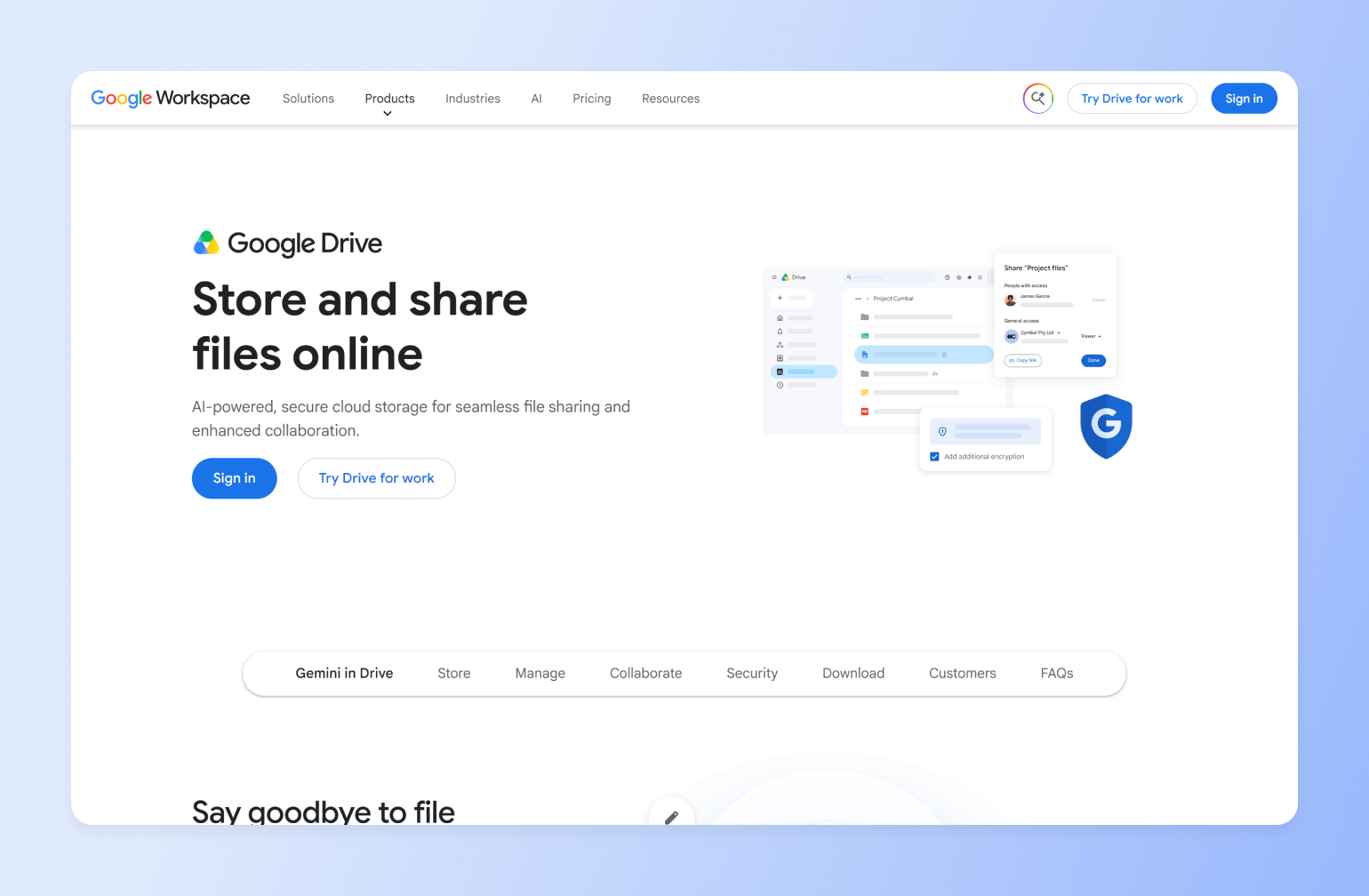 Google Drive file list with a share dialog and encryption toggle, showing secure file sharing in a creator tech stack