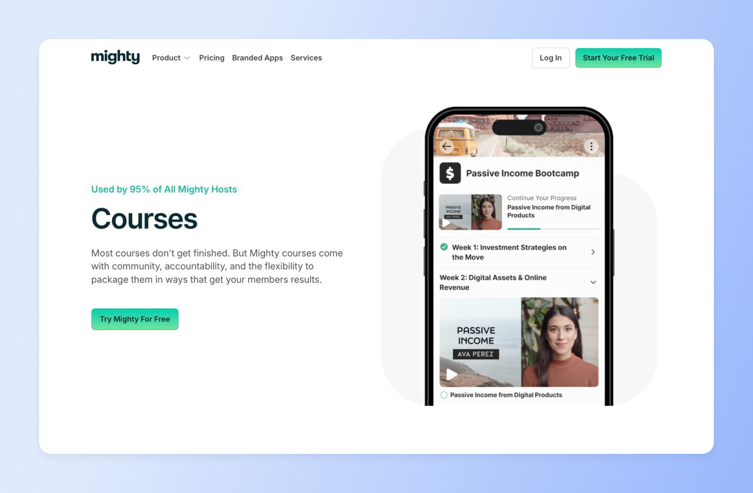 Smartphone displaying Passive Income Bootcamp course interface with video lessons and weekly modules by Ava Perez