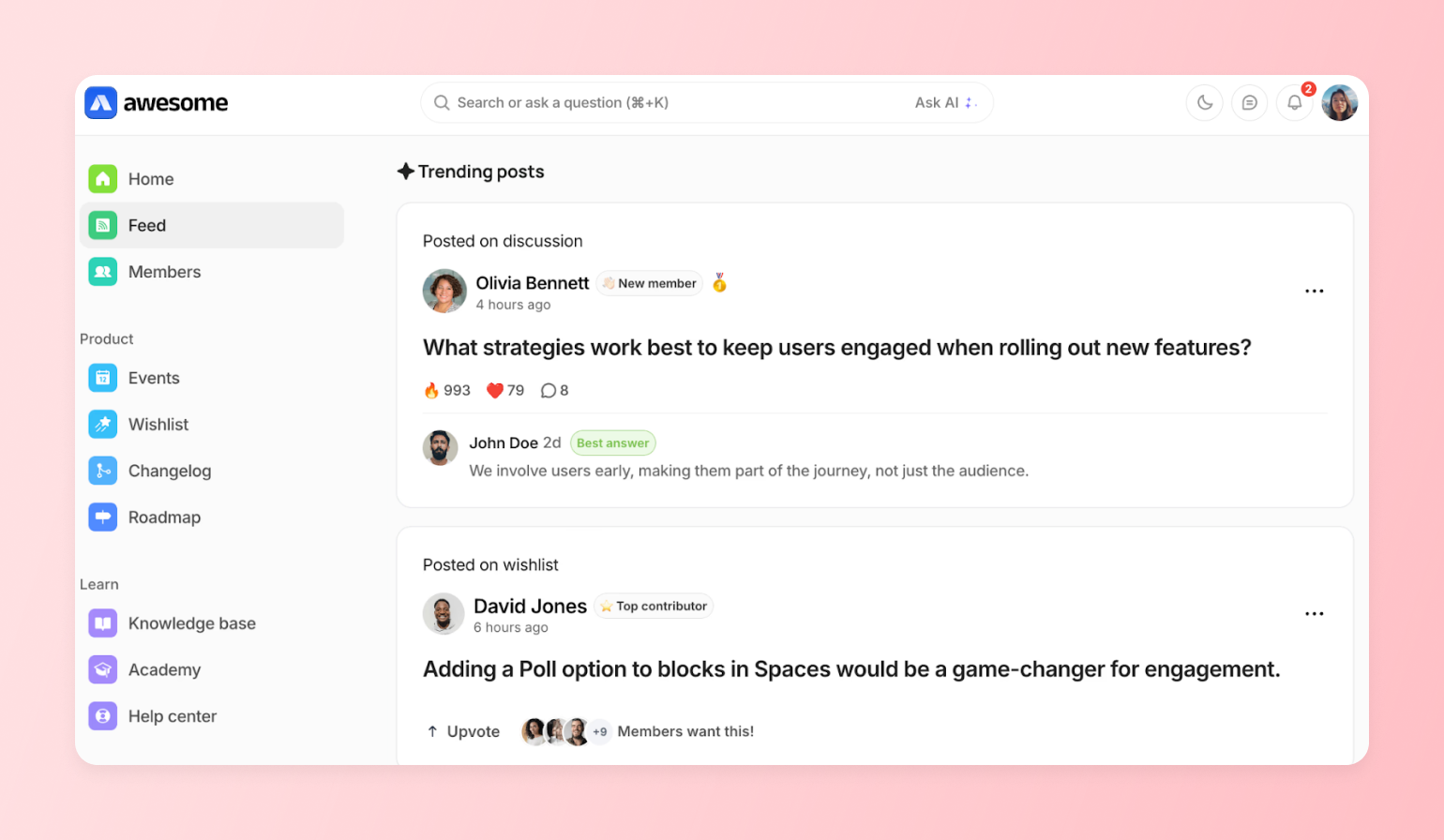Community platform feed on Bettermode with trending posts and votes, showing one of the best Facebook Group alternatives for engagement