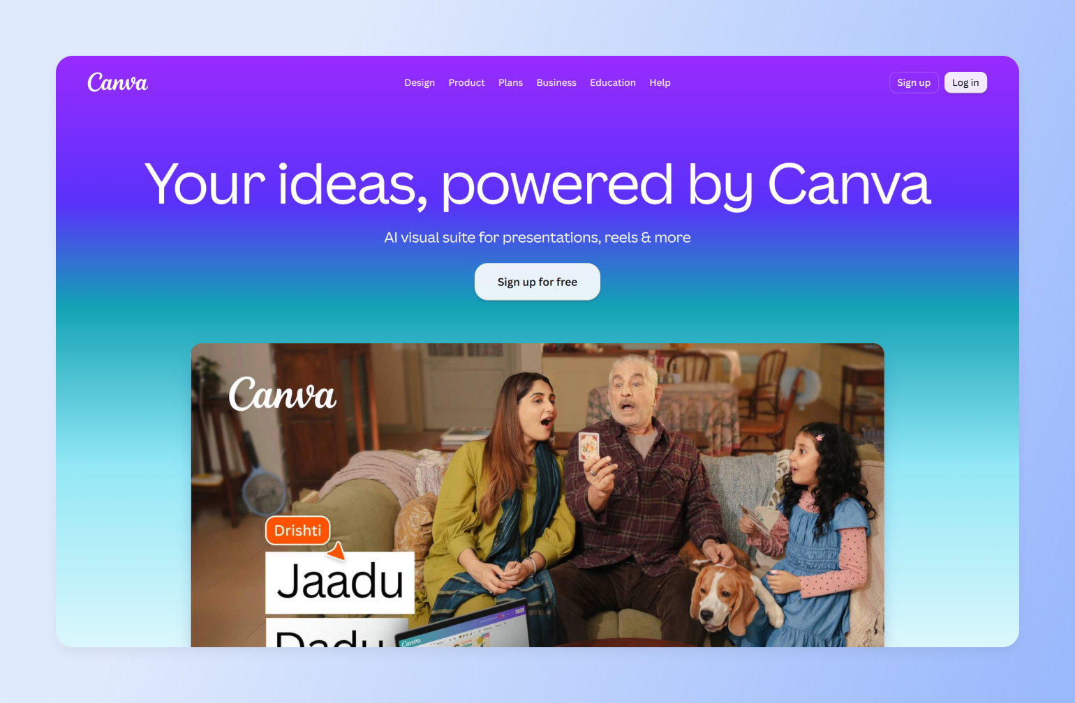 Canva homepage with a family video ad, showing how the creator tech stack turns ideas into finished video content