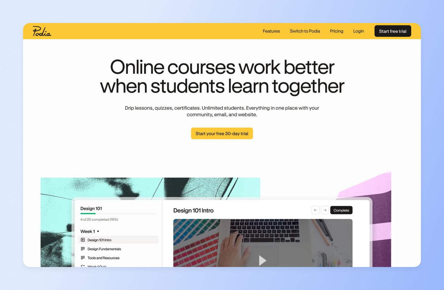 Podia online course platform showing Design 101 curriculum with lesson menu and video player displaying laptop and color swatches