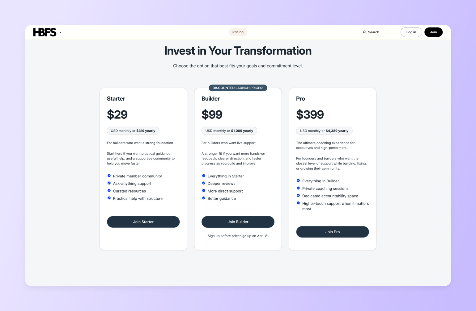 Three-tier pricing plan cards for Pedro Hernandes' HBFS Circle Community showing Starter at $29, Builder at $99 with discounted launch prices, and Pro at $399 monthly