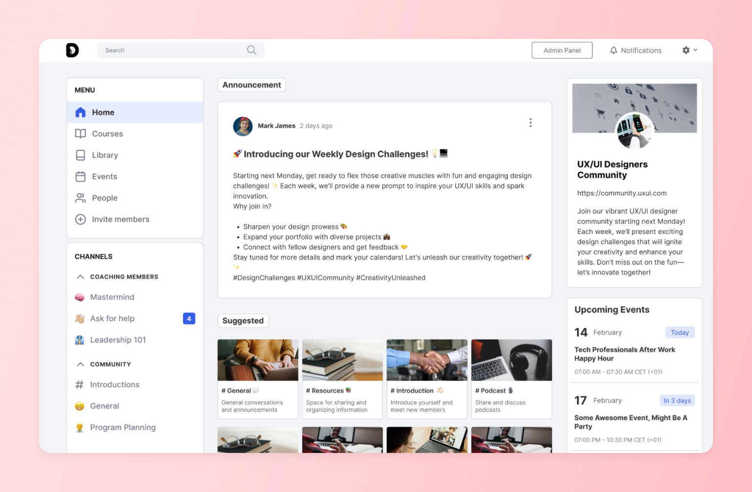 Community platform dashboard with channels and events, one of several Facebook group alternatives for member engagement.