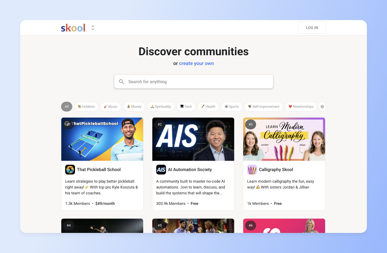 Skool community discovery page showing featured groups including That Pickleball School, AI Automation Society, and Calligraphy Skool with member counts and pricing