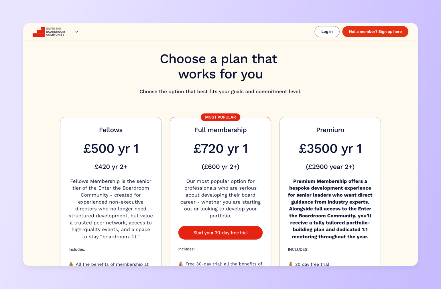 Enter the Boardroom Community membership pricing page showing three tiers: Fellows at £500, Full membership at £720, and Premium at £3500