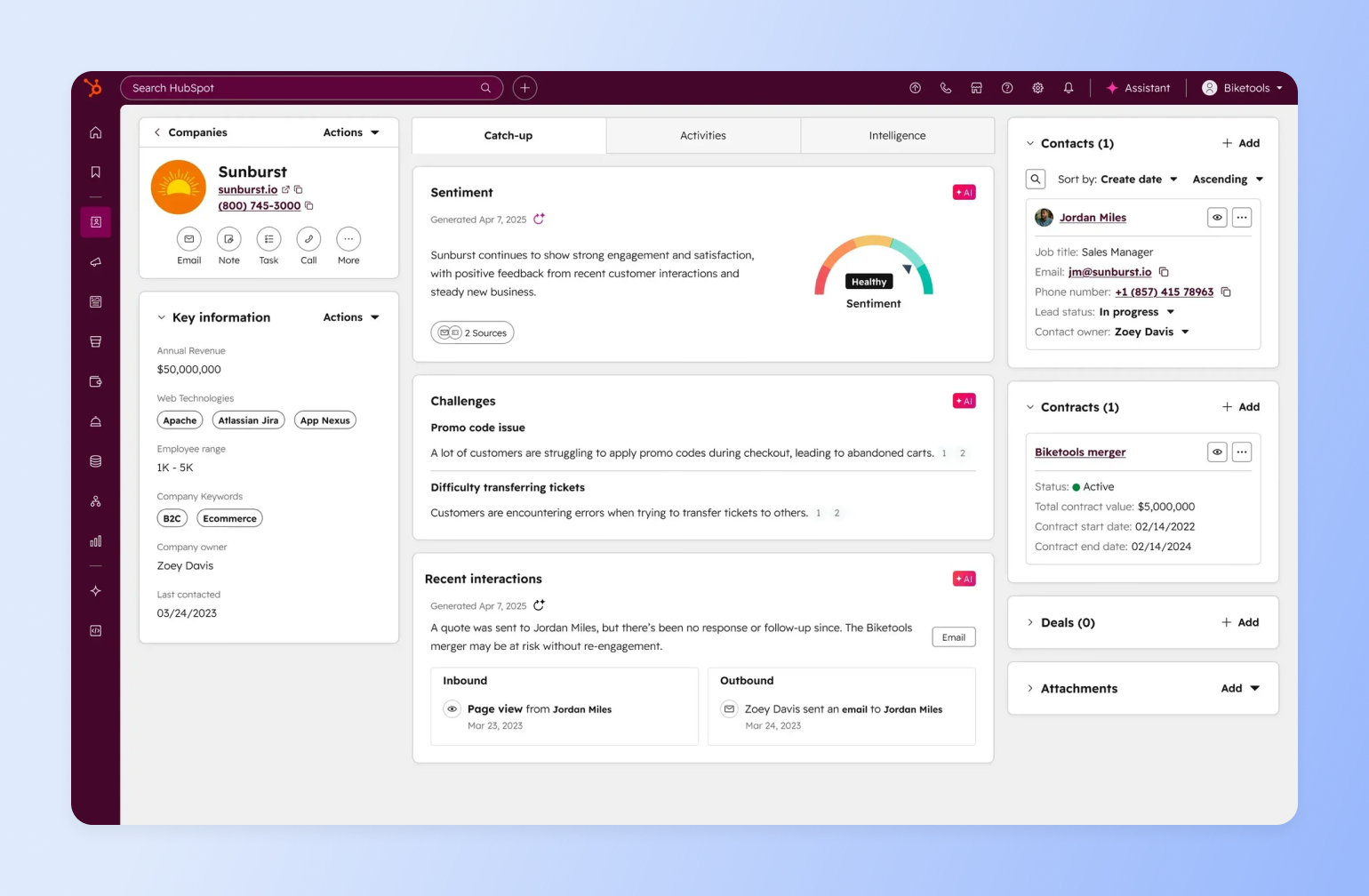 HubSpot CRM company record showing AI-generated sentiment, challenges and interactions as part of a creator tech stack