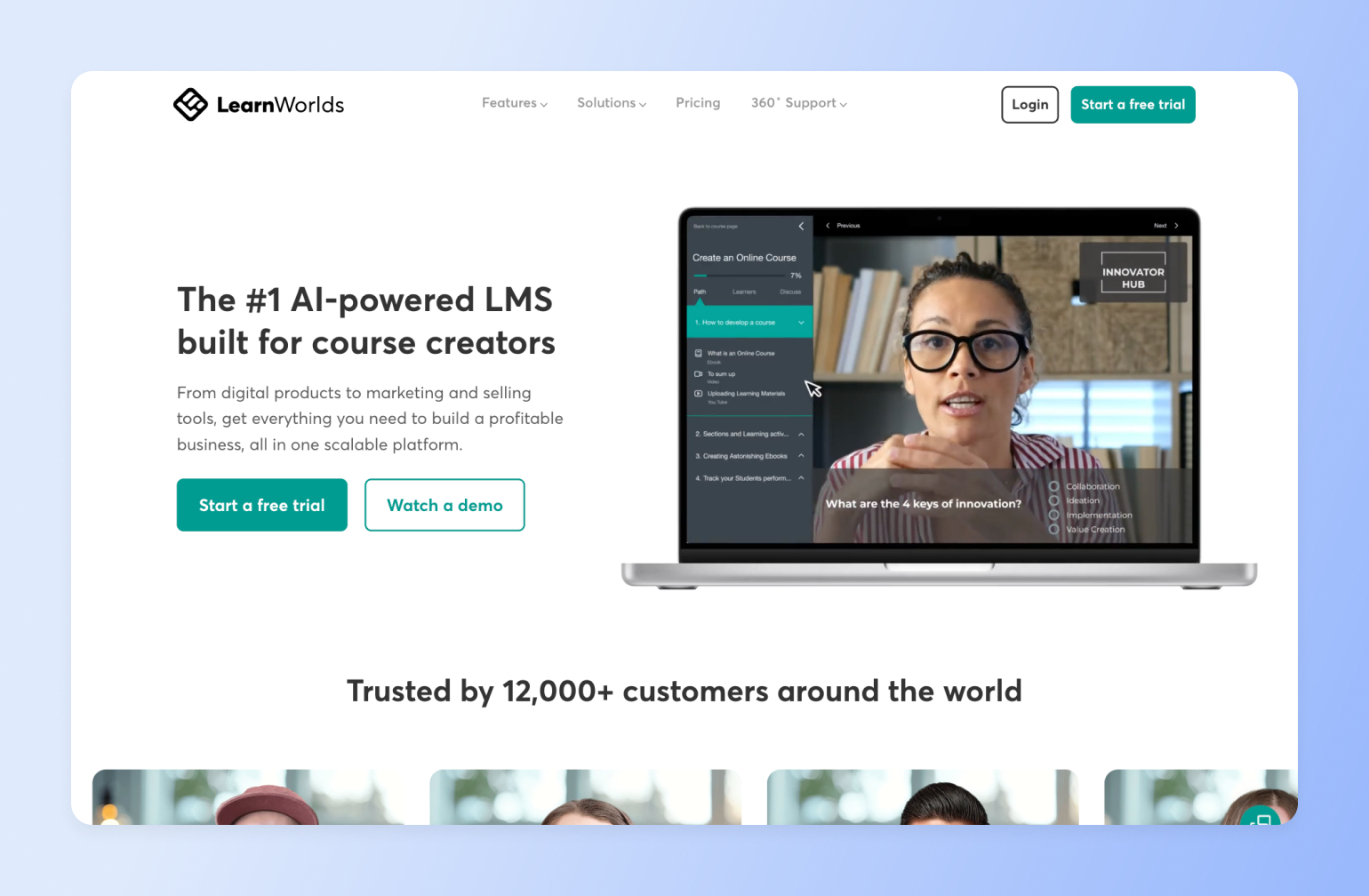 LearnWorlds LMS platform interface showing online course creation dashboard with video instructor wearing glasses and striped shirt