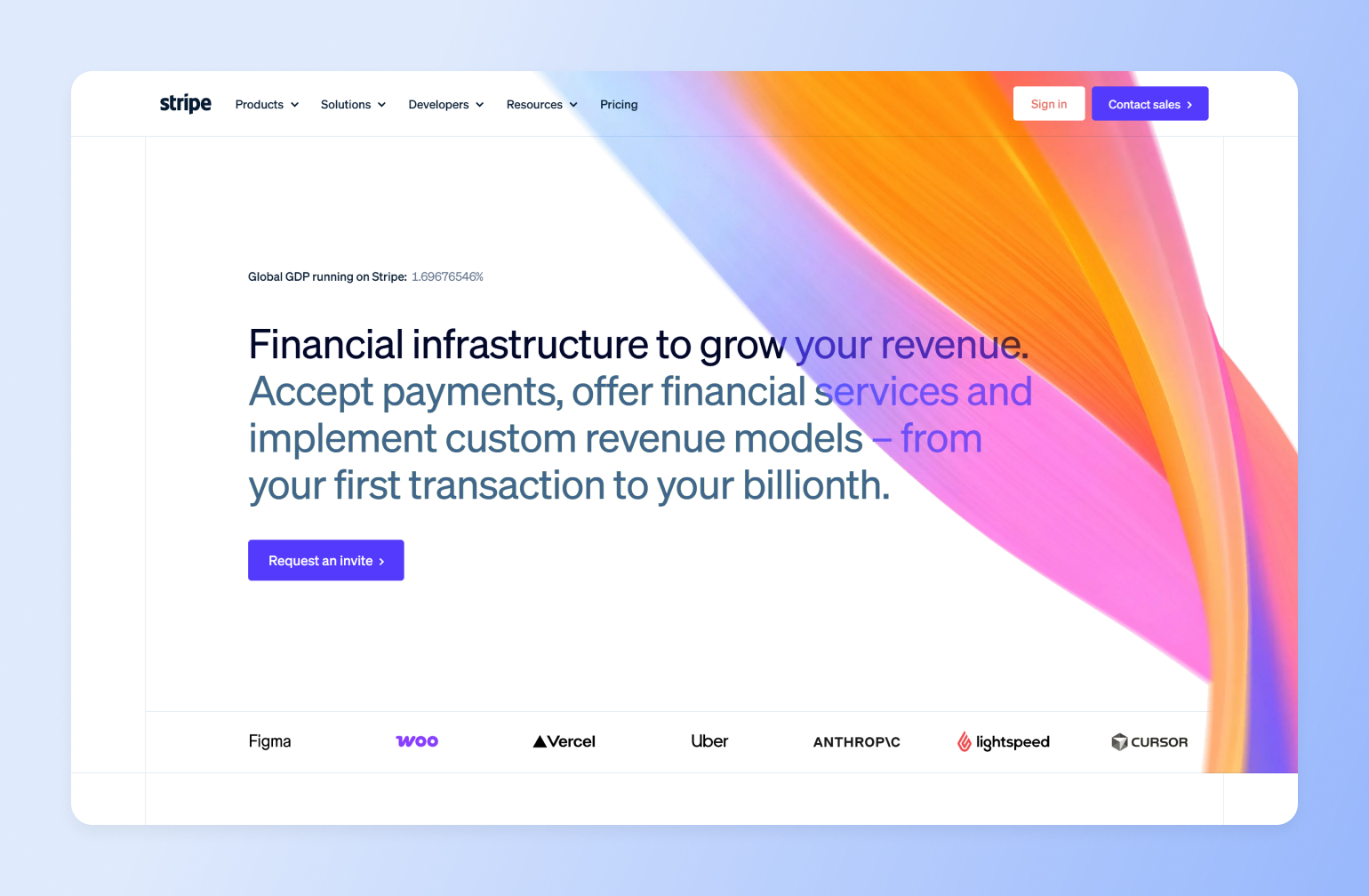 Stripe homepage headline on financial infrastructure, illustrating a payments tool often included in a creator tech stack