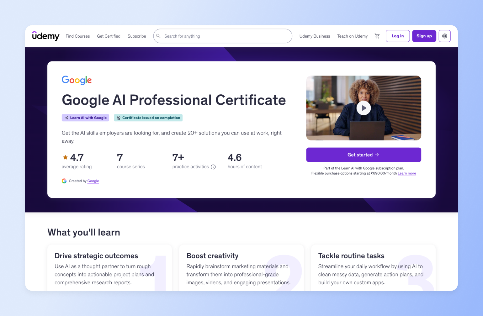 Udemy course page for Google AI Professional Certificate showing 4.7 rating, 7 course series, and student working on laptop