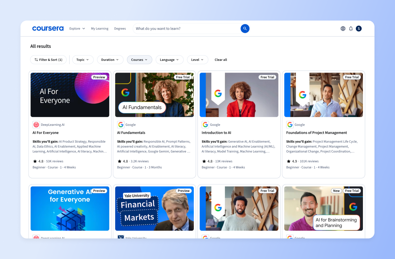 Coursera search results page displaying eight AI and project management courses with filters for topic, duration, language, and level