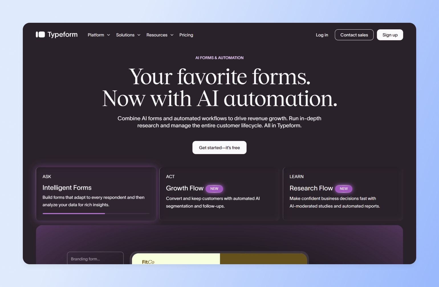 Typeform homepage showing Intelligent Forms, Growth Flow and Research Flow, tools that fit into a creator tech stack