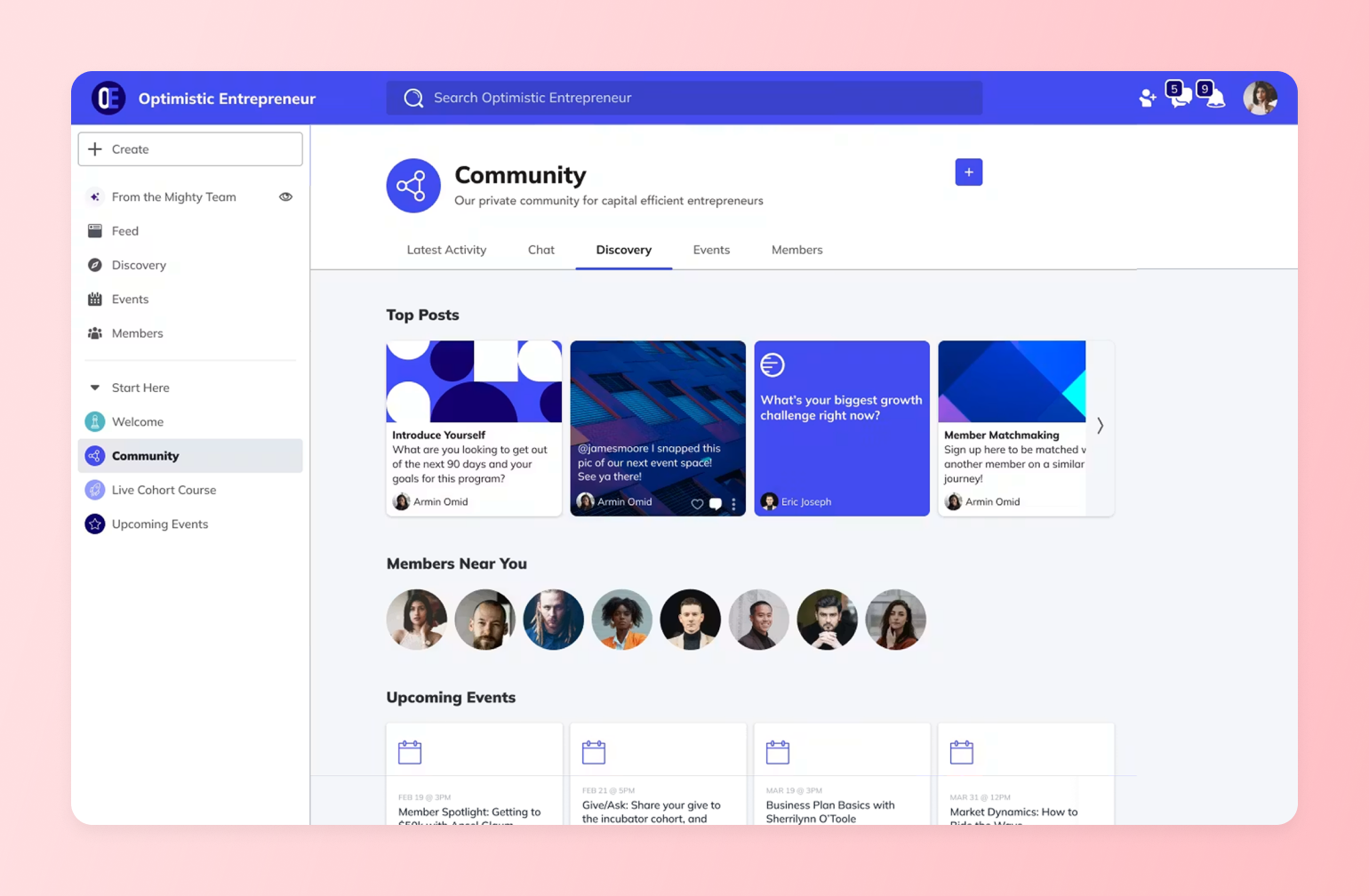 Community discovery page on Mighty Networks with top posts, nearby members, and events, showing a Facebook Group alternative for creators.