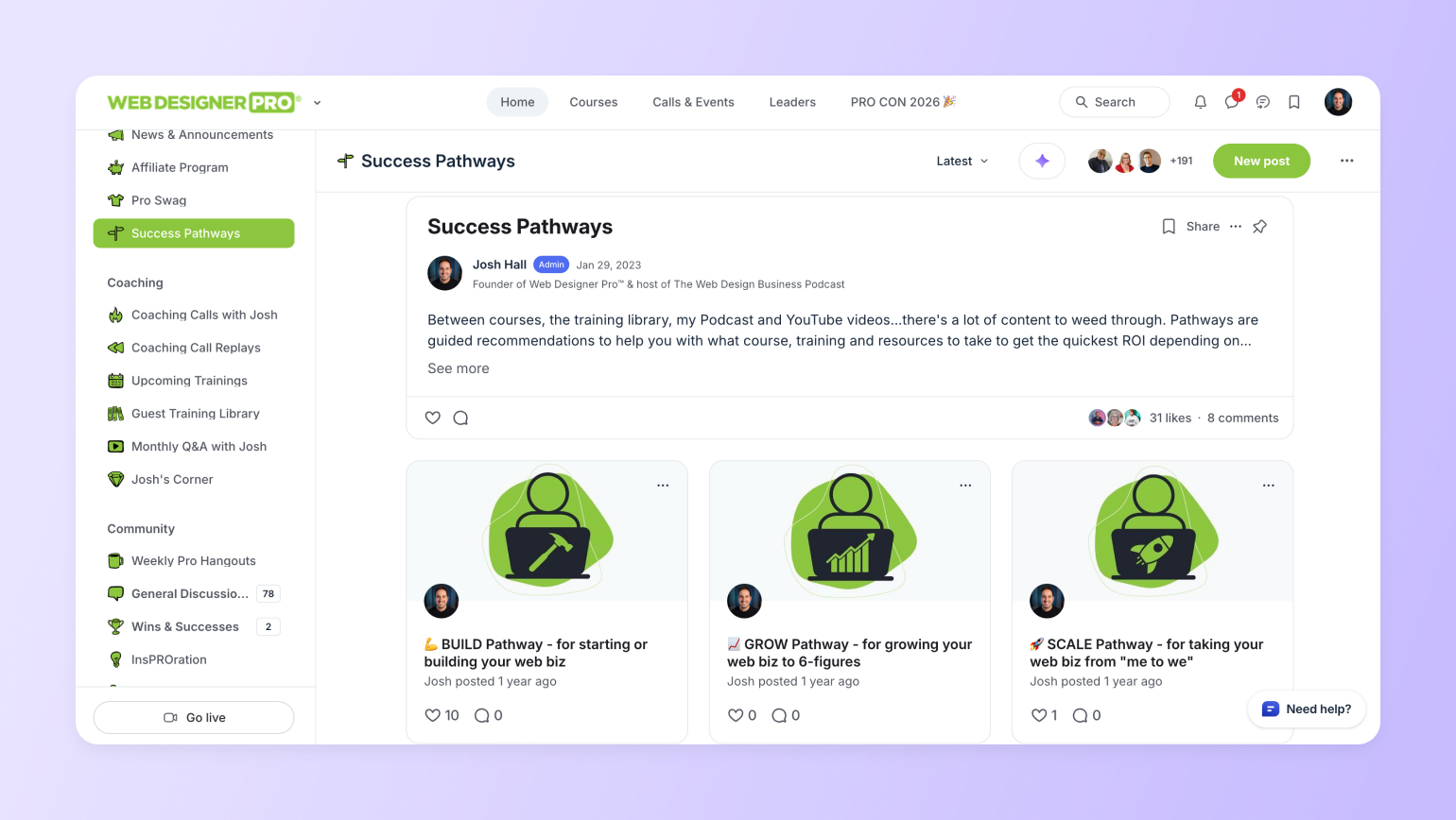 Web Designer Pro community page with Build, Grow and Scale pathways, an onboarding example of membership retention strategies